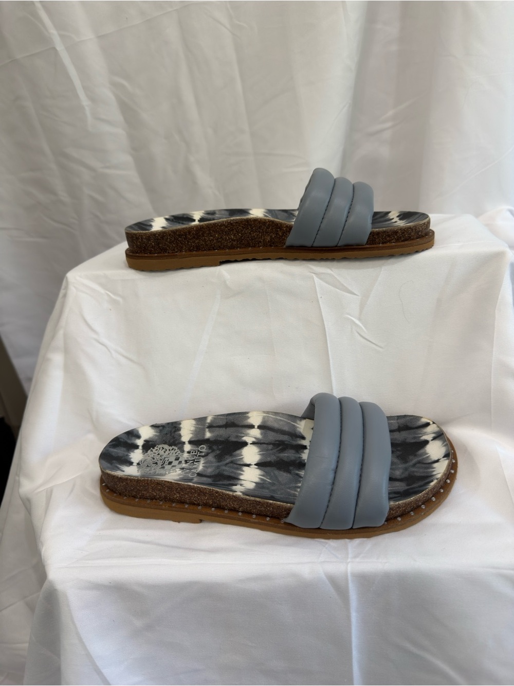 Vince Slate Blue Padded Slide Sandals with Tie-Dye Footbed